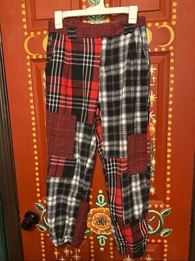 Plaid Patchwork Jogger Pants - Red & Black